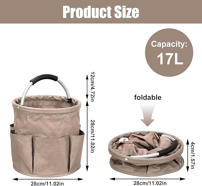 Qivine 17L Cleaning Caddy with Handle, Cleaning Supply Caddy Foldable Cleaning Caddy Cleaning Products Organizers Portable Cleaning Bucket Organiser for Storing Towels (Khaki)