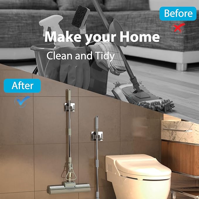 Mop Broom Holder No Drill, Mop Broom Organizer Wall Mounted Heavy Duty with Hooks Hanger, Self Adhesive Stainless Steel 4Pcs for Bathroom, Kitchen, Office (Silver)