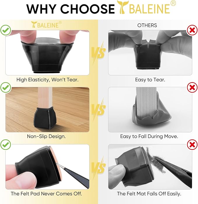 BALEINE 16 Pack Silicone Chair Leg Floor Protectors, Stool Leg Protectors Cap, Non-Slip Chair Leg Caps for Hardwood Floors (Black & Large (Square), 16 Pack)