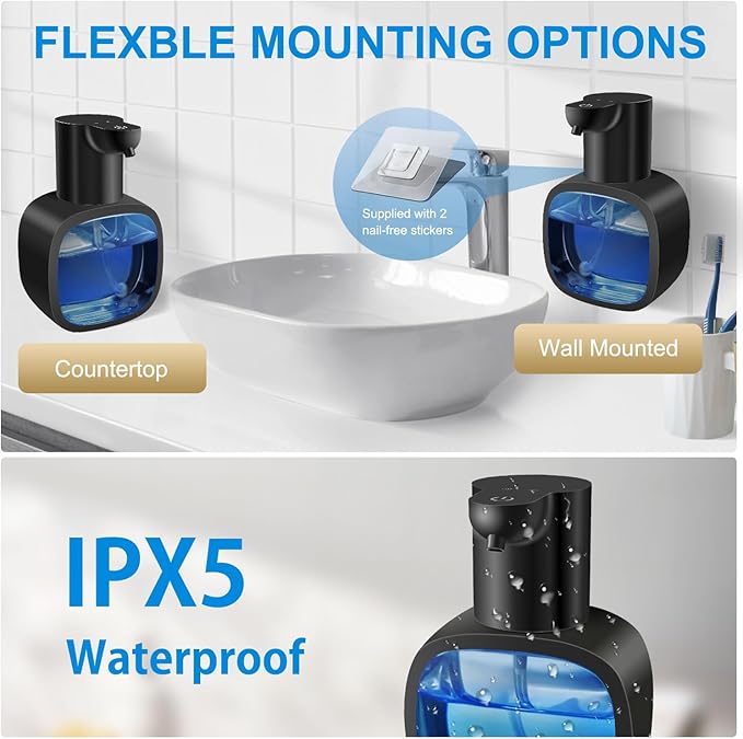 Automatic Liquid Soap Dispenser with 500ml /17oz Capacity, Touchless Soap Dispenser with 4 Level Adjustable, Rechargeable, Wall-Mounted, Waterproof for Kitchen, Bathroom, Hotel, Restaurant