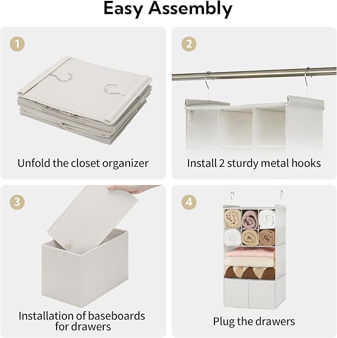 GRANNY SAYS Hanging Closet Organizer with Drawers, 4 Shelf Dividers Closet Hanging Organizer, Foldable Hanging Shelves for Clothes Organizer, Small Closet Organizers and Storage, Beige