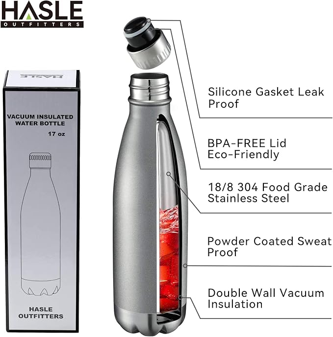 HASLE OUTFITTERS 17oz Stainless Steel Water Bottles, Vacuum Insulated Water Bottles Double Walled Reusable Metal Sports Water Bottles Keep Drinks Hot and Cold, Gray, 1Pack