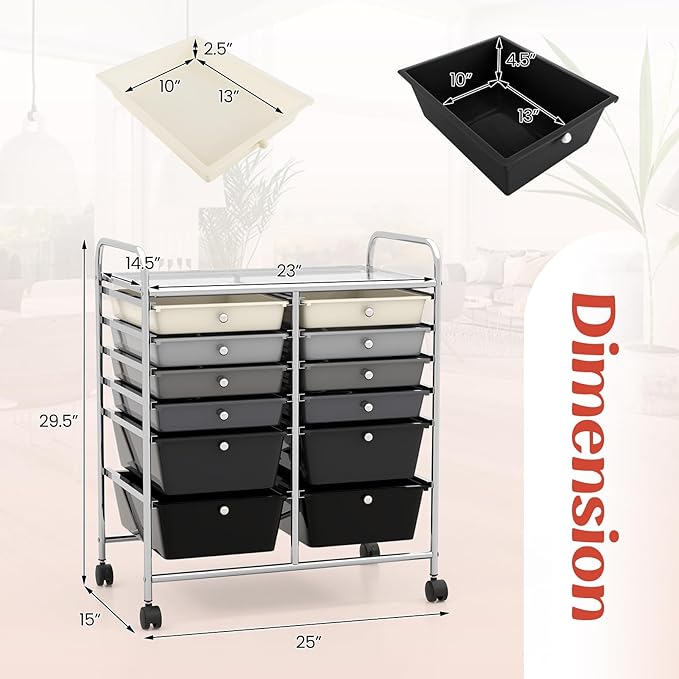 GOFLAME 12-Drawer Rolling Storage Cart, Multipurpose Organizer Cart with 2 Sizes Plastic Drawers, Mobile Utility Cart with Lockable Casters for School, Home Office, Beauty Salon, Gradient Grey