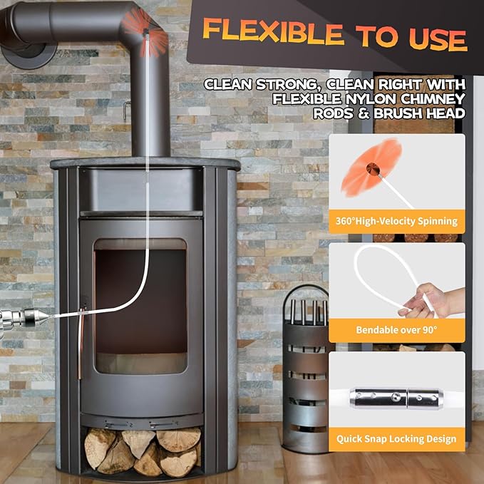 Chimney Sweep Kit - 33 Feet, 10 Flexible Rods, Brush & Drill-Driven Rotary System