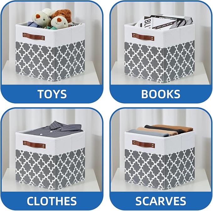 Temary 11x11x11 Cube Storage Bins Cube Organizer Bins 4 Pack Canvas Storage Bin for Home, Cube Storage Basket with Leather Handles(Grey Lattice)
