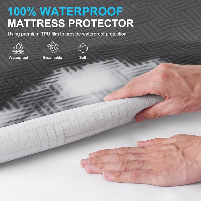 Waterproof Mattress Protector Twin Size - Breathable, Noiseless, Ultra-Soft Bed Cover, Mattress Pad Cover with Deep Stretchable Pockets 8"-21" (Gray)