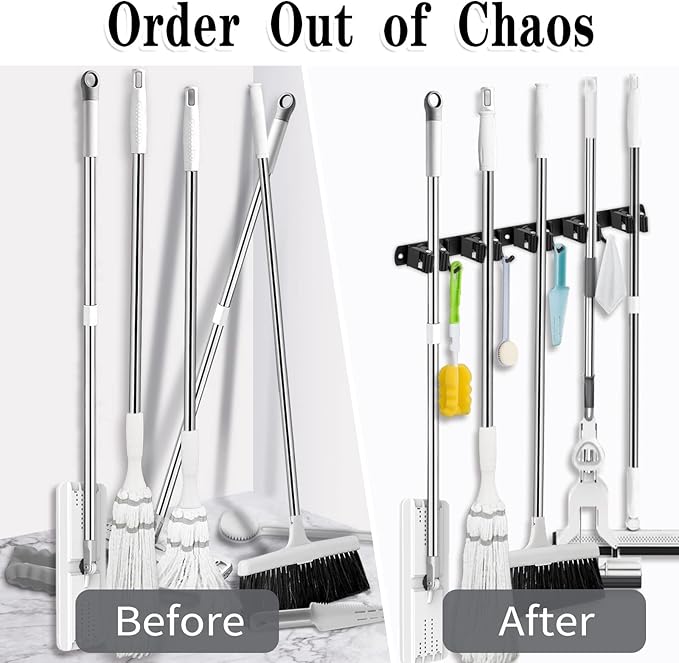 AceMining 2 Pack Black 5 Racks and 4 Hooks Mop and Broom Holder Wall Mount, Broom Organizer Storage Tool Racks Stainless Steel Heavy Duty Hooks Self Adhesive Solid Non-slip for Home Kitchen Garden
