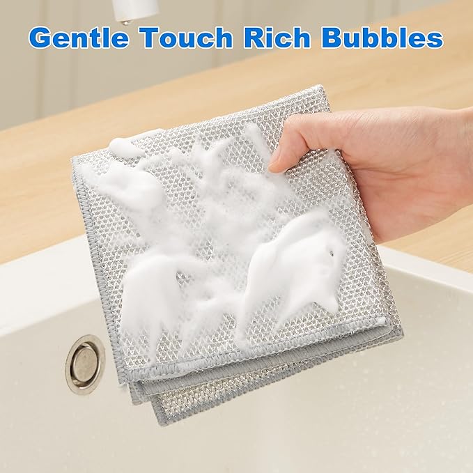 JOYMOOP Dual-Sided Silver Microfiber Cleaning Cloth, Reusable Non-Scratch Dishwashing Rag, Multipurpose Scrubbing Pads for Kitchen, Glass, Stainless Steel