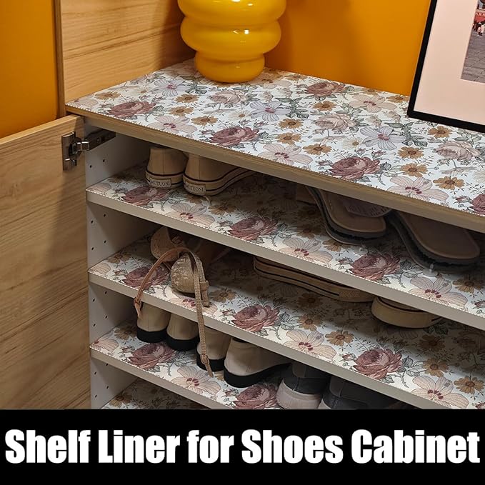 Floral Drawer Shelf Liners, 16IN x 10FT Non Adhesive and Strong Non-Slip Cabinet Drawer Shelf Liners for Kitchen Wire Fridge, Waterproof Shelf Liner,Easy to Clean