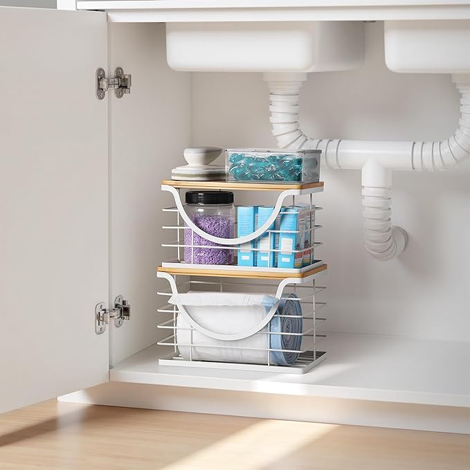 Extra Large Trash Bag Holder Stackable Kitchen Storage White, 2 Pack Wall Mounted Pantry Organizers and Storage with Bamboo Top, Garbage Bag Dispenser Under Sink for Laundry Room and Kitchen