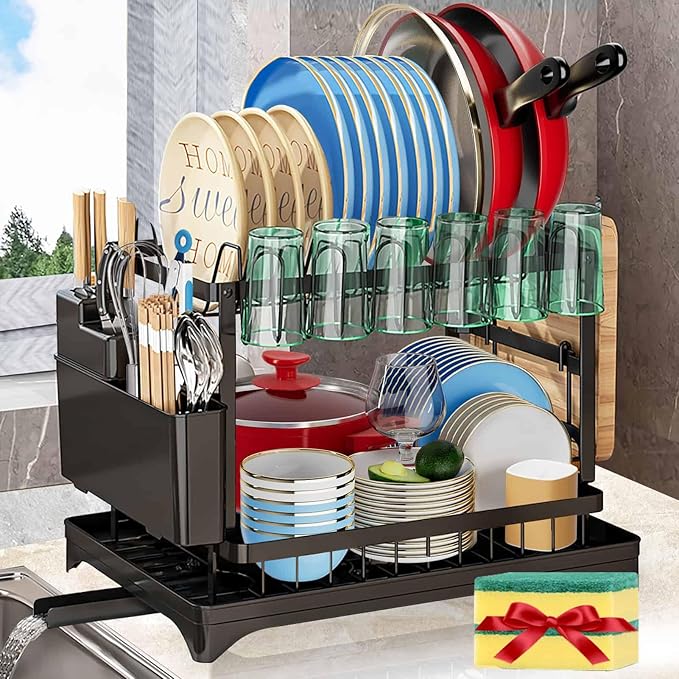 Dish Drying Rack, 2 Tier Large Dish Drying Rack for Kitchen Counter with Drainboard Stainless Steel Dish Drainer for Dish/Knifes/Cup/Cutting Board, Black
