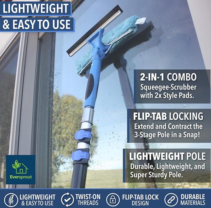 EVERSPROUT 7-to-20 Foot Swivel Squeegee & Microfiber Glass Window Scrubber, Window Squeegee & Window Cleaner, Light-Weight Window Washing Kit with Extension Pole, Squeegee for Window Cleaning