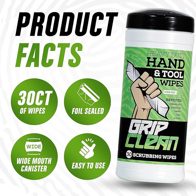 Grip Clean Heavy Duty Hand & Tool Cleaning Wipes – Waterless Hand Cleaner for Mechanics, Garage & Shop Use – Dual-Sided Grease, Oil & Paint Remover Wipes with Citrus Scent - 72ct