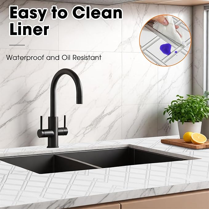 Drawer and Shelf Liner for Kitchen Cabinets Non-Adhesive, Non-Slip Cabinet Liner Shelf Paper Strong Grip Waterproof Easy to Clean for Kitchen Shelves Cupboard,Silver Geometric,12IN X 10FT