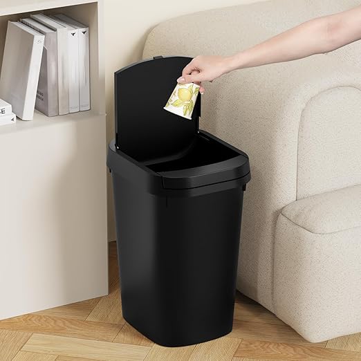 3 Pack Bathroom Small Trash Can with Lid, 2.6 Gallon Slim Garbage Bin with Pop-Up Lid, 10L Plastic Wastebasket for Bedroom, Office, Kitchen, Toilet (Black)