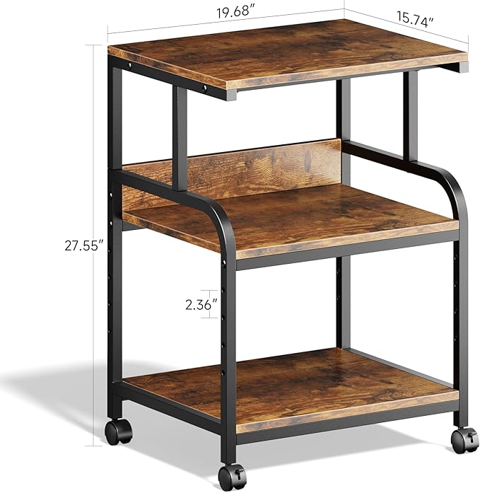 Warmiehomy Printer Stand, 20×16×28'' Printer Table with Wheels, 3 Tier Rolling Cart with Adjustable Storage Shelf, Space Saving 3D Desk for Home Office, Mini Fridge & Heat Press Stand, Rustic Brown