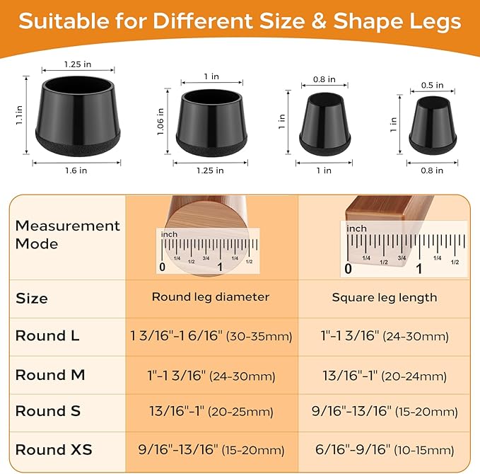 24 PCS Silicone Chair Leg Floor Protectors Medium Fit (1"-1.2") Rubber Felt Furniture Pads Chair Legs Caps/Covers for Hardwood Floors, Tile from Scratches & Reduce Noise - Round, Black
