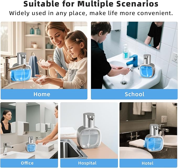 Automatic Foaming Soap Dispenser, 17oz/500ml Touchless Rechargeable with 4-Level Adjustable & IPX5 Waterproof - Level Display for Wall/Tabletop Use in Bathroom, Kitchen, Silver