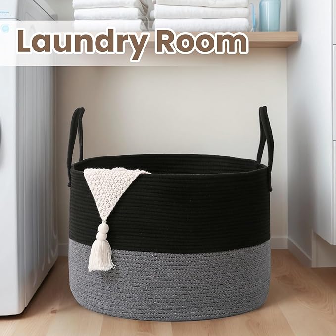 Woven Blanket Basket,65L Large Rope Storage Bin with Handles, Organizer for Blankets Toys Book and Clothes, Laundry Basket for Living Room Bedroom Nursery,Black&Grey