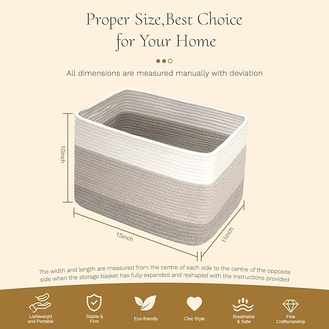 Hopegiver Woven Storage Baskets 15x11x10 Inch, 3 Pack Collapsible Cube Storage Bin for Shelves - Foldable Cotton Rope Organizer Bins for Towels, Toys, Books, Closet, Nursery (White Light-Gray Gray)