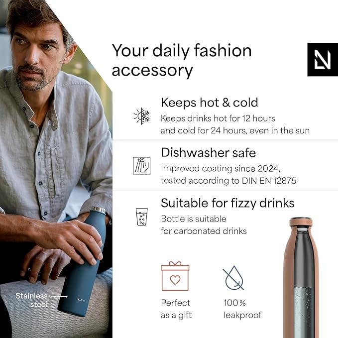 LARS NYSØM Stainless Steel Insulated Water Bottle 12oz 17oz 25oz 34oz 51oz | Insulated Thermo Flask for Hot and Cold Beverages | Leakproof Drinking Bottle (Blush Rose, 33.9 oz)