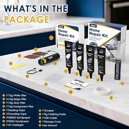 Quartz Countertop Repair Kit, Granite & Marble Repair Kit with 4*15g Filler(White,Beige, Gray,Clear), 30s Fast Repair Chip, Hole, Scratch, Crack on Fiberglass, Porcelain, Ceramic Tile, Bath Tub, Sink