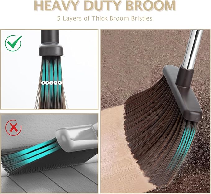 Broom and Dustpan Set with Long Handle, Heavy Dust Broom and Dustpan Combo for Home，Kitchen, Office, Pet Hair(Beige)