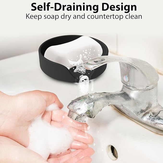 Self Draining Soap Dish, Silicone Suction Cup Soap Holder Tray Savers Container Sponge Holder for Bar Bathroom Shower Kitchen Sink, Can Extend Soap Life (1, Black)