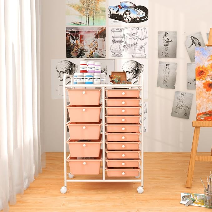 GOFLAME 15-Drawer Rolling Storage Cart, Multipurpose Movable Organizer Cart, Utility Cart for Home, Office, School, Peach Fuzz, 53825HW-GL