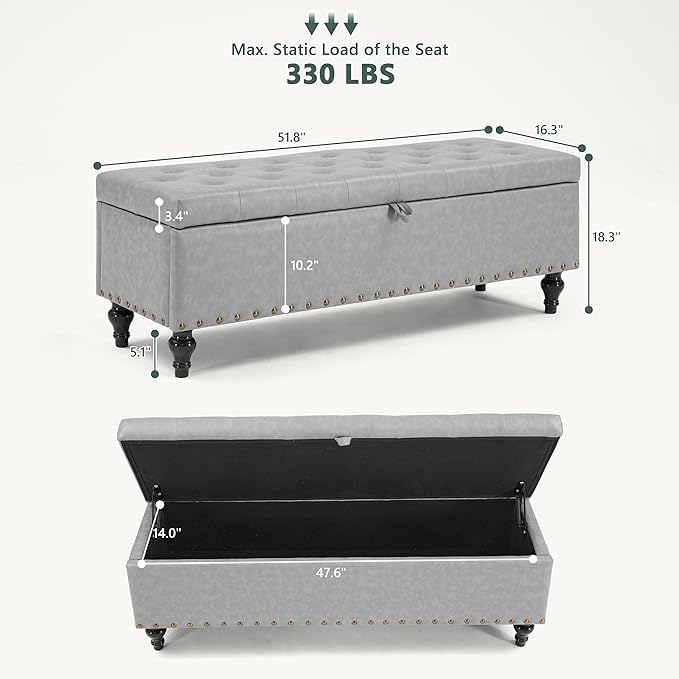 51.8’’ Storage Ottoman Bench, Faux Leather Ottoman with Storages, Window Benches Holds up to 330lbs, Upholstered Storage Bench for Bedroom, Living Room, Entryway and Family Room, Light Gray