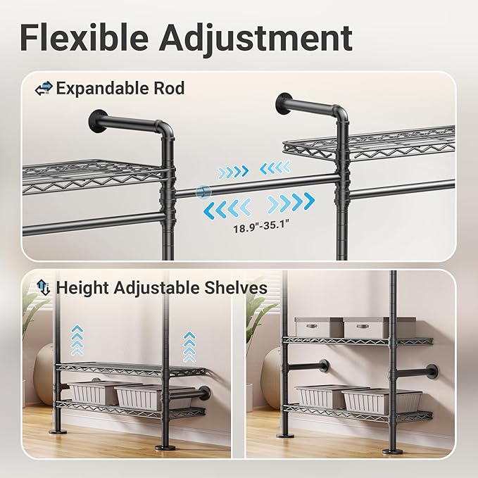 Timate F3 Garment Rack Heavy Duty Clothes Rack for Hanging Clothes, Expandable Industrial Pipe Wall Mounted Clothing Racks, Adjustable Storage Wardrobe Closet Kit Walk in Closet Systems, Black