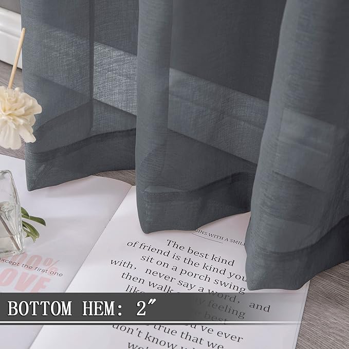 Tollpiz Sheer Curtain Linen Textured Bedroom Curtains Sheer Light Filtering Rod Pocket Voile Curtain for Living Room, 54 x 95 inches Long, Dark Grey, Set of 2 Panels
