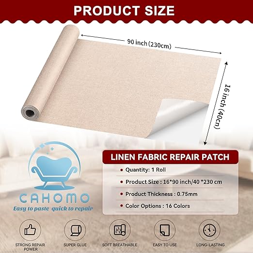 Linen Repair Tape 16x90 inch, Self Adhesive Fabric Patches, Linen Patch Tape Kit, Fabric Repair Tape for Couch Sofas, Headboards, Chairs, Pillows, Curtains, Couches - Army Green