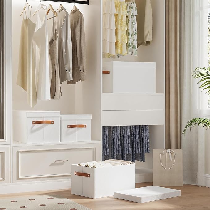 Fabric Storage Bins, Clothes Boxes for Shelves with Lids, 3 Pack Baskets for Organizing with Handles, Decorative Linen Closet Organizers, White, 16.5 x 11.8 x 10.2 Inch