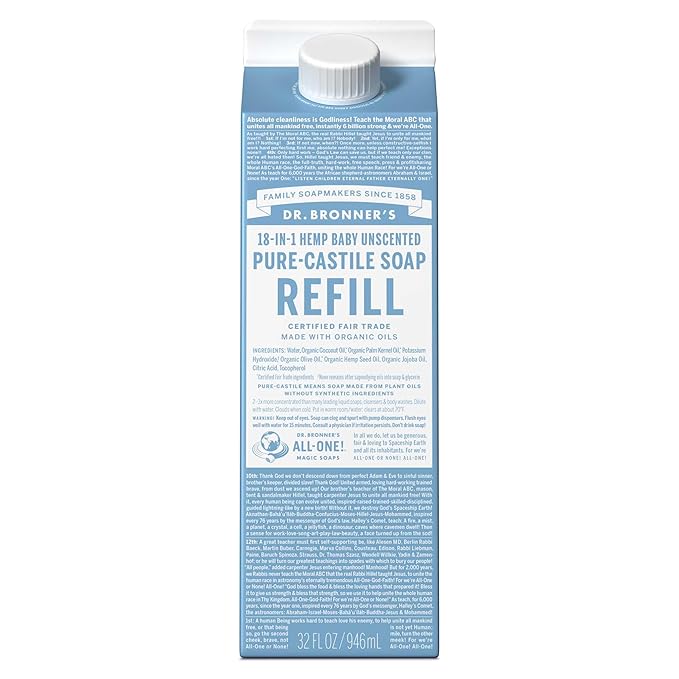 Dr. Bronner's Pure-Castile Liquid Soap Refill - Made with Regenerative Organic Certified Oils, 86% Less Plastic - 18-in-1 Uses, For Face, Body Wash, Hand Soap Refill & More - Baby Unscented, 32oz