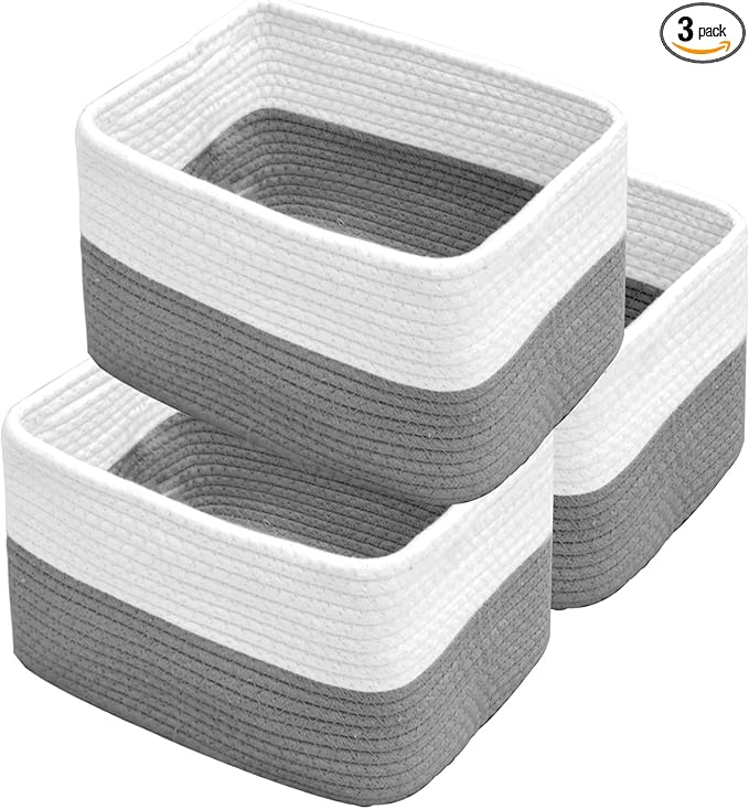 Hopegiver Woven Storage Baskets 11x8x7 Inch, 3 Pack Collapsible Cube Storage Bin for Shelves - Foldable Cotton Rope Organizer Bins for Towels, Toys, Books, Closet, Nursery (White Gray)