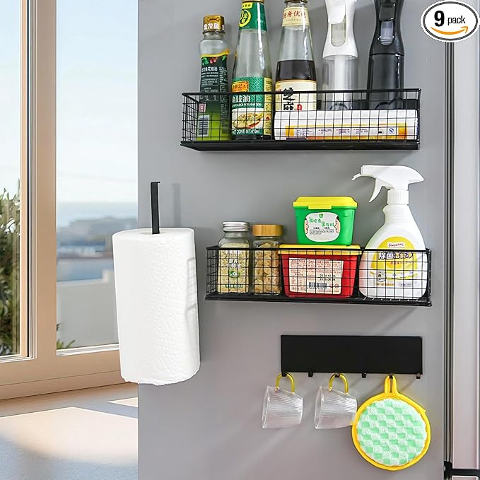 Magnetic Spice Rack for Refrigerator Magnetic Fridge Shelf for Kitchen Spice Organizer Magnetic Shelf, Classic Grid Design, 2*Spice Racks, 1*Hooks Rack, 1*Paper Towel Holder, 5*Removable Hooks