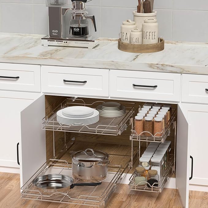 OCG 2 Tier Pull Out Cabinet Organizer (18.5" W x 21" D), Pull Out Drawers for Kitchen Cabinets, Pull Out Shelves for Base Cabinet Organization in Kitchen Bathroom Pantry, Chrome Finish