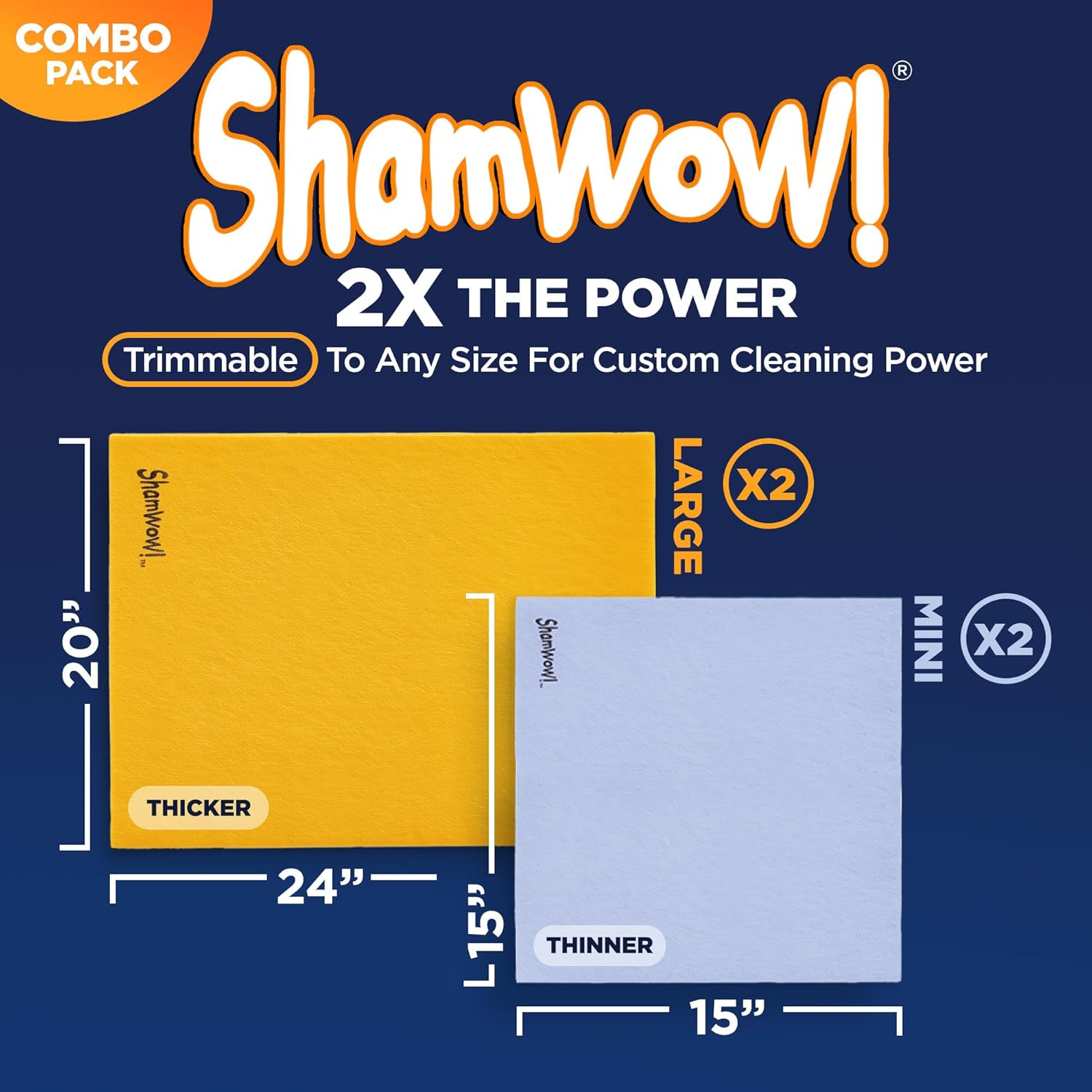 Original Super Absorbent Multi-Purpose Cleaning Shammy Chamois Towel Cloth - Holds 10X its Weight in Liquid - Machine Washable - Will Not Scratch (4 Pack: 2 Large Orange & 2 Small Blue).