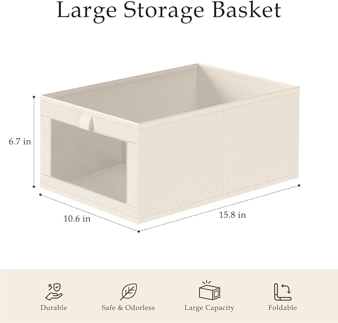 Criusia 6 Pack Linen Closet Organizers and Storage, Large Linen Closet Baskets for Organization, Foldable Storage Containers for Clothing, Towels, Toys, Jeans, Books, Shelves, Beige