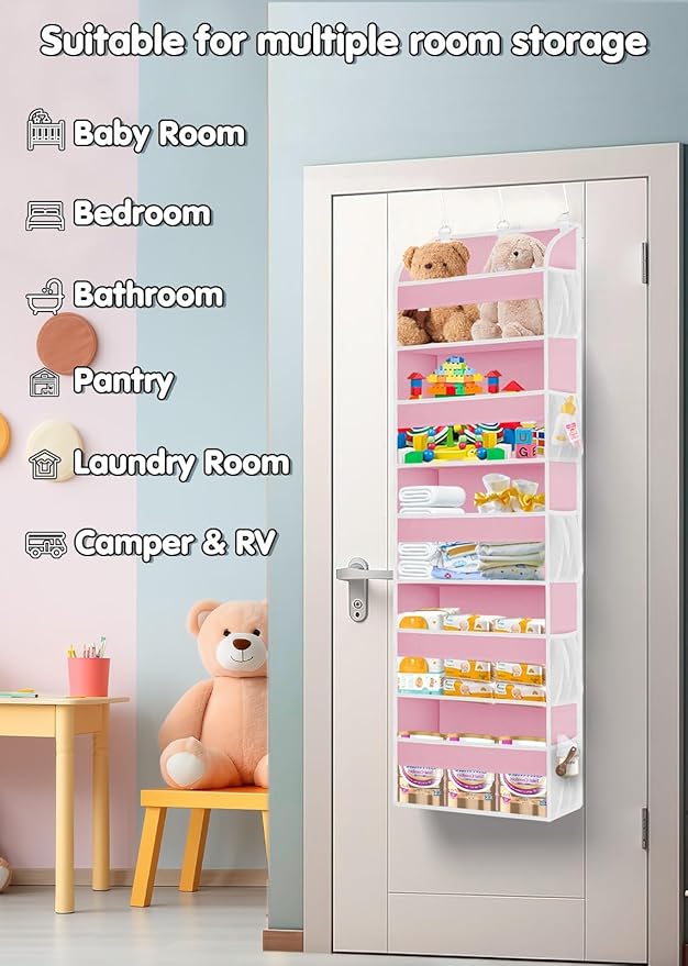 1 Pack Over The Door Storage Organizer with 5 Pockets 10 Mesh Pockets, 44 lbs Weight Capacity Door Hanging Organizers and Storage for Bedroom,Bathroom,Nursery,Kidroom,Babyroom