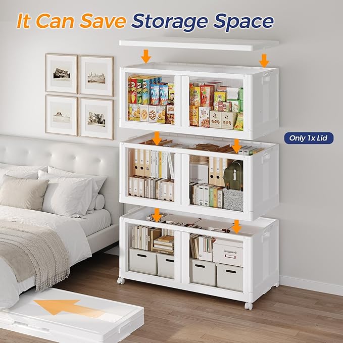 800Qt Stackable Storage Bins with Lid and Wheels, 200Gal Plastic Closet Organizer and Storage Drawer, Large Collapsible Storages Box Cabinet with Clear Door for Home Kitchen, 4Pack White