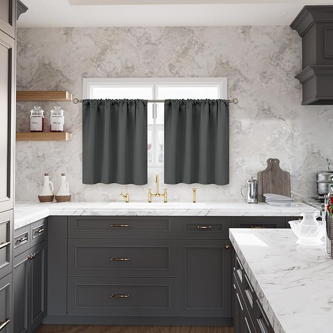 BGment Small Blackout Curtains 36 Inch Length for Kitchen Window Over Sink - Dark Grey Cafe Drapes Half Window with Rod Pocket for Rv Bathroom, 2 Panels, 34 x 36 Inch