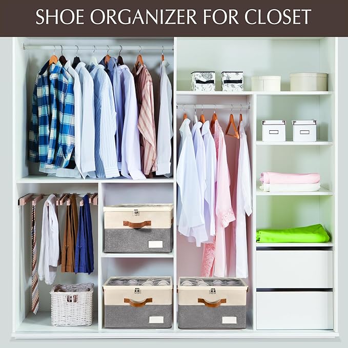 2 Pack Shoe Organizer for Closet, Adjustable Shoe Box Storage Containers, Large Foldable Shoe Bins with Clear Cover, Space Saving Shoes Holder with 4 Handles, Fits 16-32 Pairs, Beige