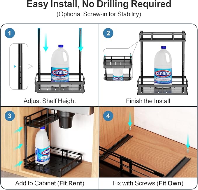 iSPECLE Under Kitchen Sink Organizer - 2 Tier Pull Out Under Sink Organizer Expandable Width Add Storage Space, Adjustable Height Easy Get Items without Digging, No Drilling Under Sink Storage
