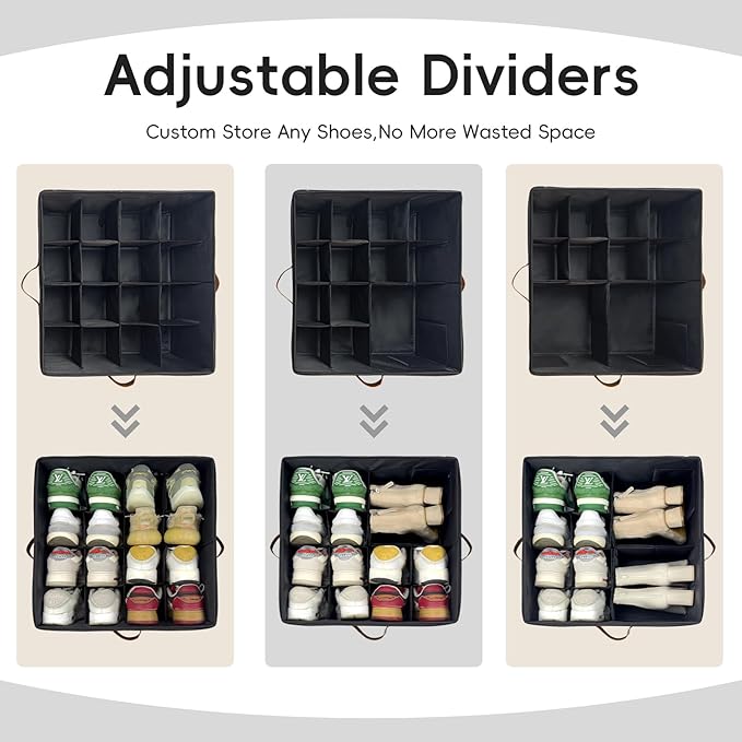 Shoe Organizer Box 2 Pack, Shoe Storage Organizer with Clear Cover, Adjustable Dividers Fits 16-32 Pairs, Fabric Shoe Organizer for Closet, Black