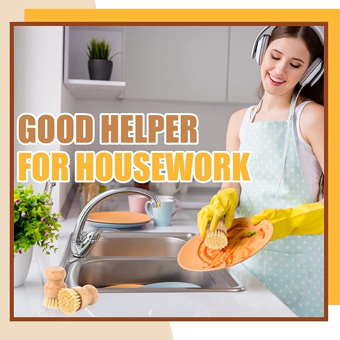 Nuenen 6 Packs Bamboo Dish Scrub Brushes Wooden Scrubbers Set Kitchen Dishwashing Scrubber with Natural Sisal Bristles for Iron Pot Pan Sink