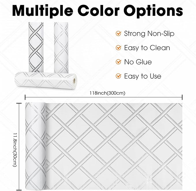 Drawer and Shelf Liner for Kitchen Cabinets Non-Adhesive, Non-Slip Cabinet Liner Shelf Paper Strong Grip Waterproof Easy to Clean for Kitchen Shelves Cupboard,Silver Geometric,12IN X 10FT