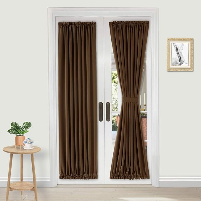 DWCN French Door Curtains – Rod Pocket Thermal Blackout Curtain for Doors with Glass Window, Kitchen and Patio Doors for Privacy, 23 X 72 Inches Long, 1 Curtain Panel with Tieback, Brown