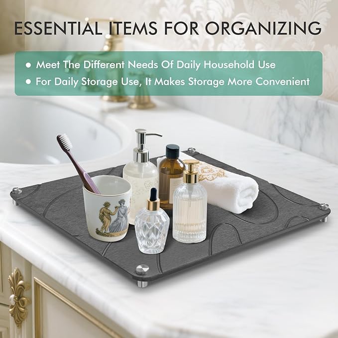 Stone Drying Mat For Kitchen Counter Superb Absorbent Diatomaceous Earth Mats with Non-Slip Feet Quick Dry Stone Dish Drying Pad Dish Pad Multi-Purpose(Flow Line-DarkGrey, 15.7" x 11.8")